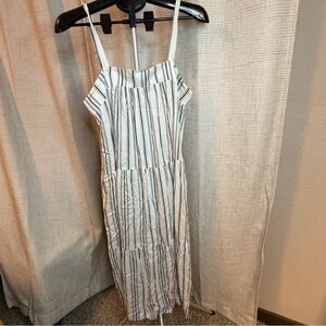 Striped White and Navy Sleeveless Maxi Dress with Adjustable Straps
